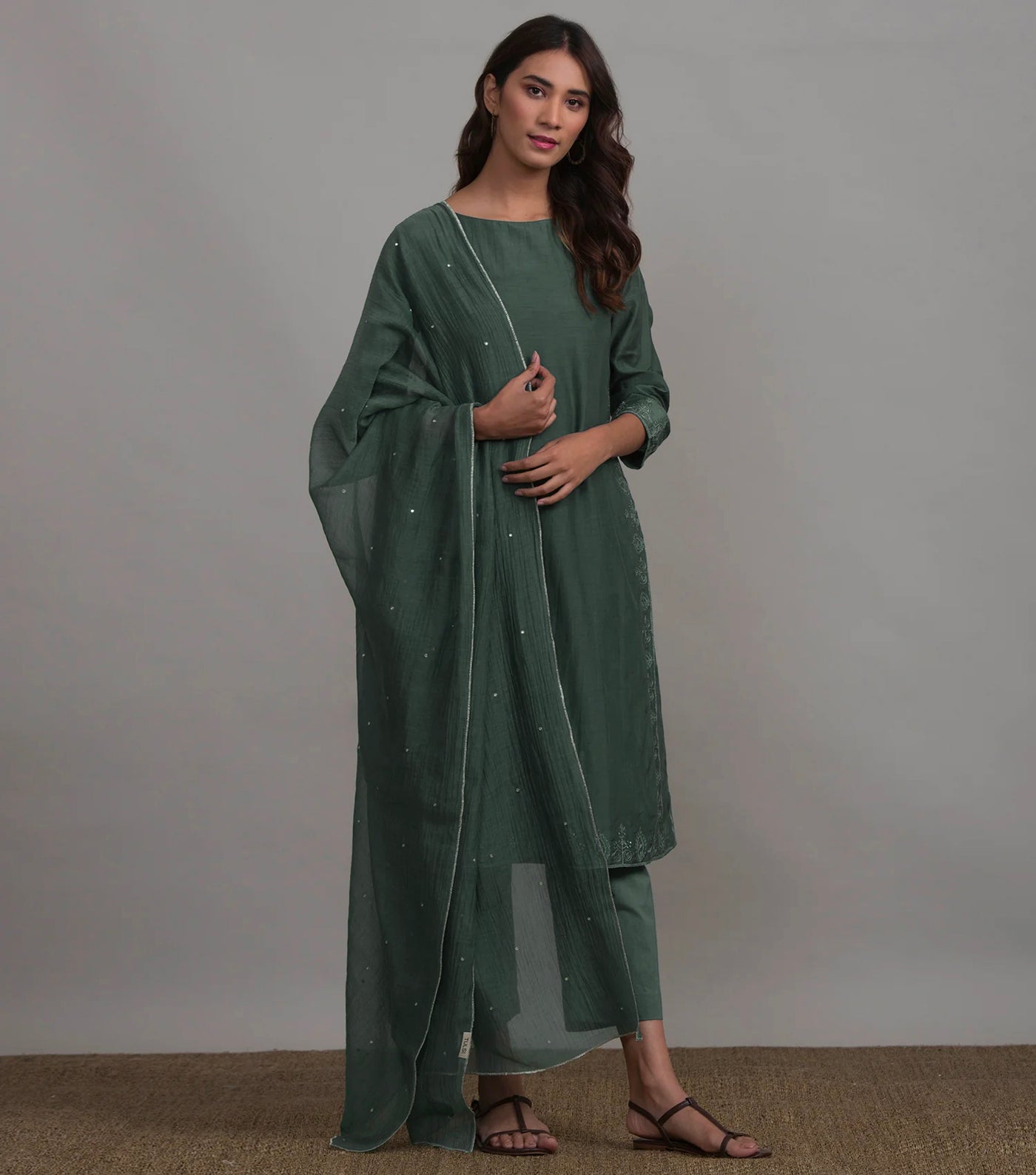 Forest Green Embroidered Cotton Silk Kurta & Dupatta Set