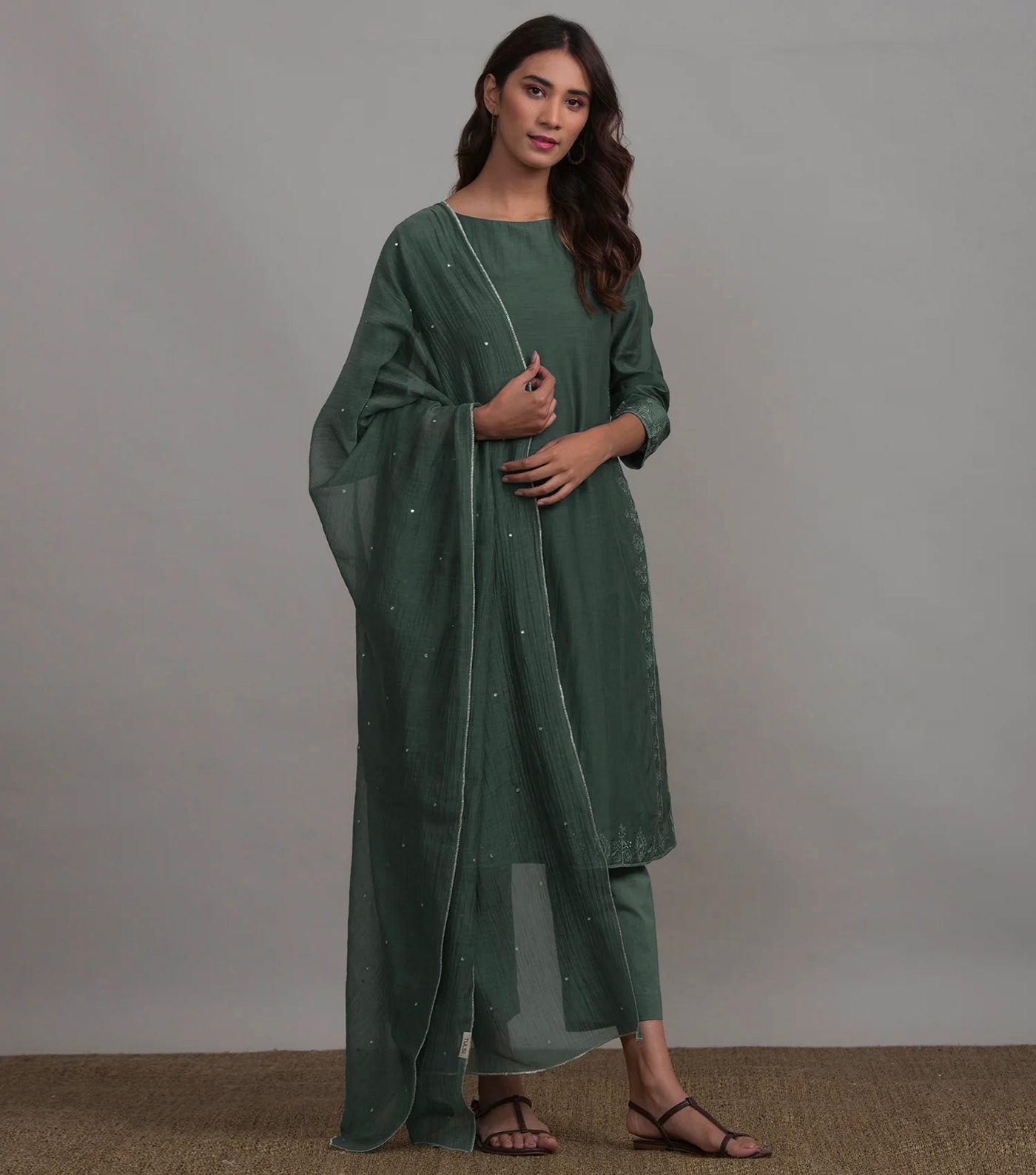 Forest Green Embroidered Cotton Silk Kurta & Pant Set