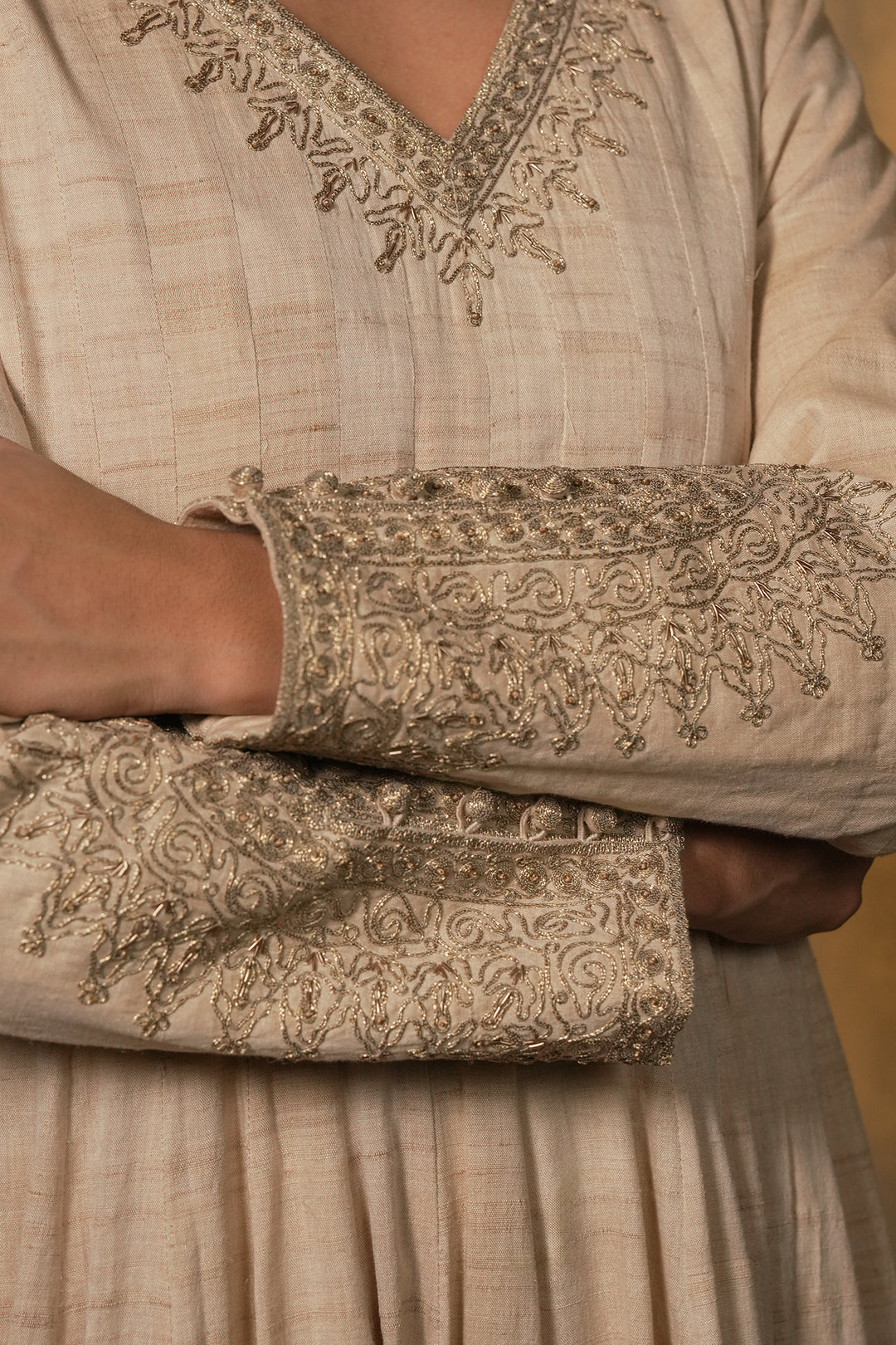 Beige Hand Embroidered Tussar Silk Gown