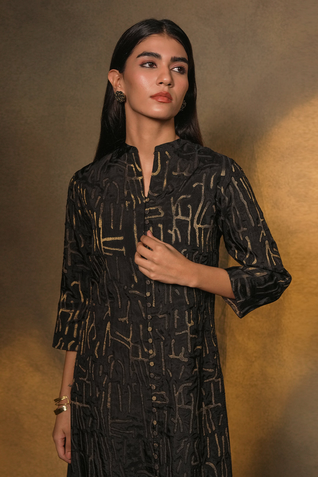 Black Patch Work Embroidered Silk Kurta with Pants