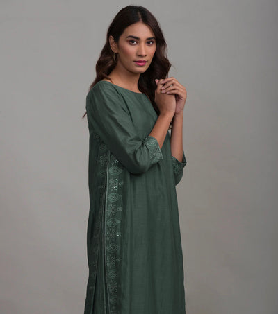 Forest Green Embroidered Cotton Silk Kurta & Dupatta Set