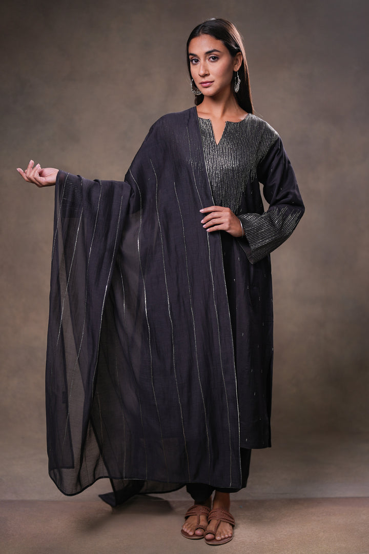 Black Hand Embroidered Silk Kurta with Pants and Dupatta