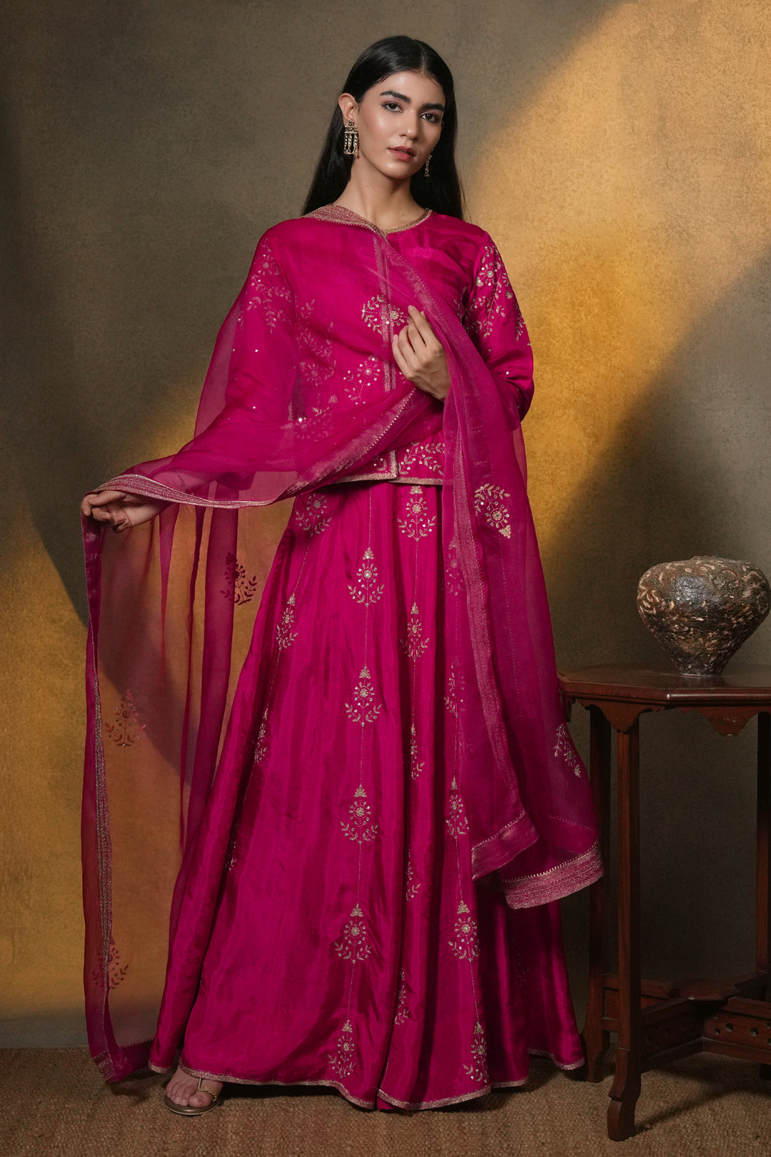 Pink Hand Embroidered Silk Lehenga with Kurti & Dupatta - Set of 3