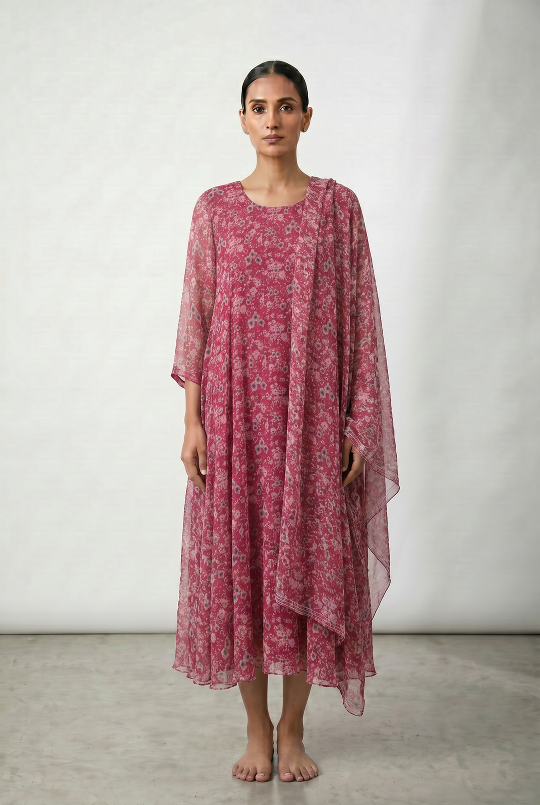 Magenta Blossom Printed Chiffon Kurta