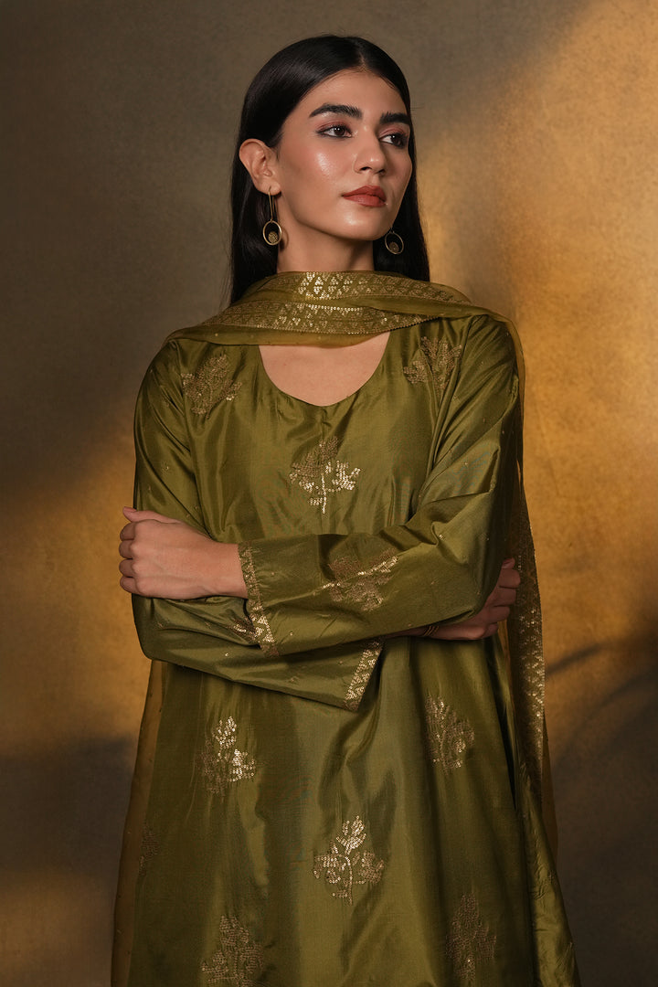 Olive Green Hand Embroidered Silk Kurta with Pants and Organza Dupatta