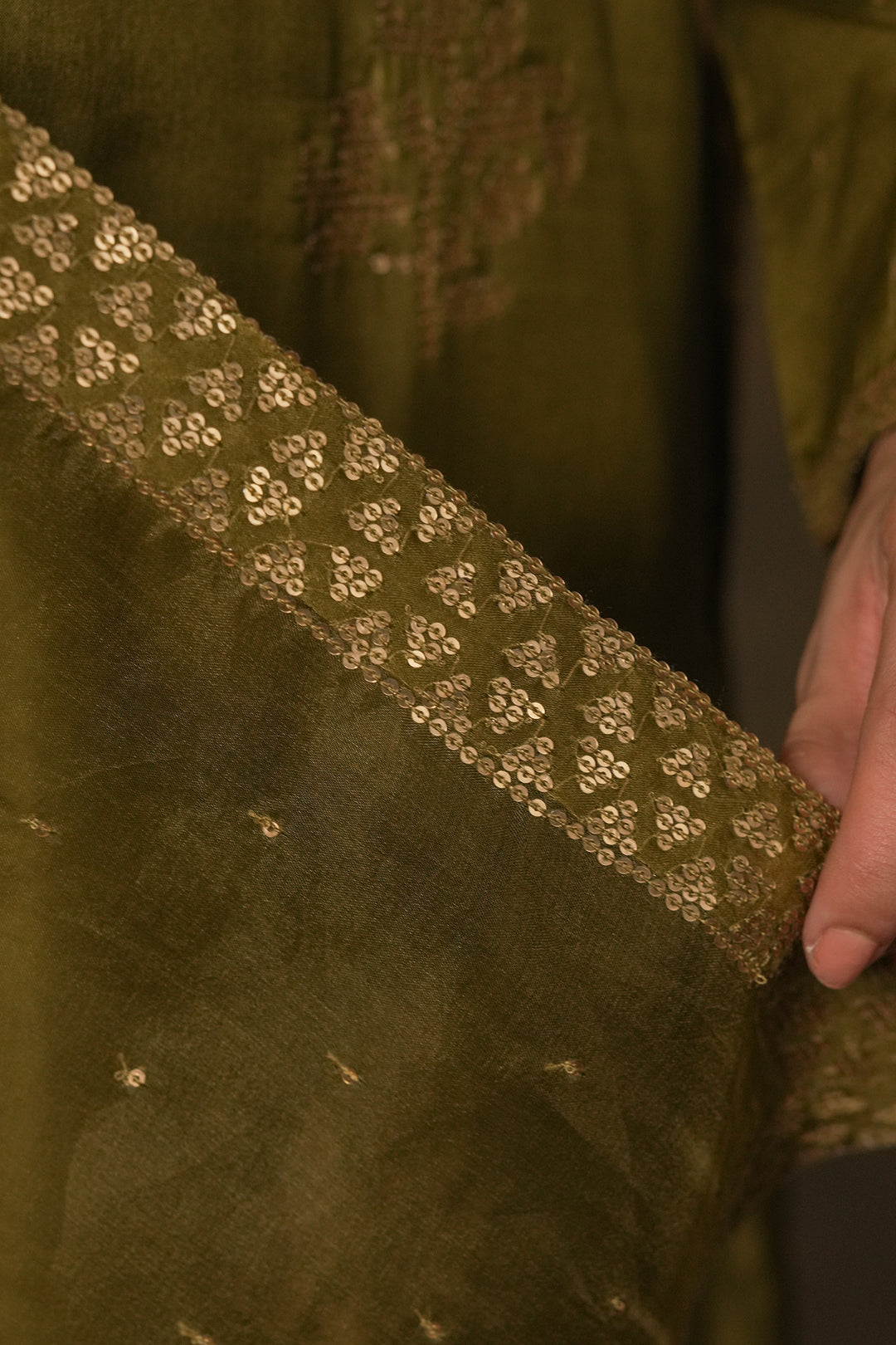 Olive Green Hand Embroidered Silk Kurta with Pants and Organza Dupatta