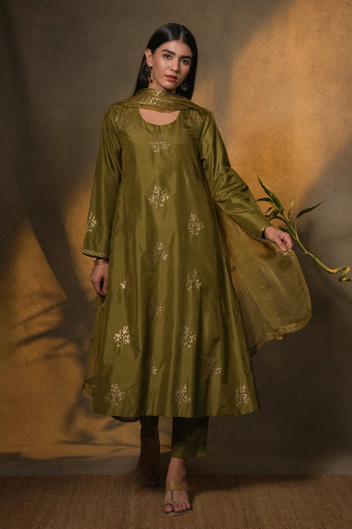 Olive Green Hand Embroidered Silk Kurta with Pants and Organza Dupatta