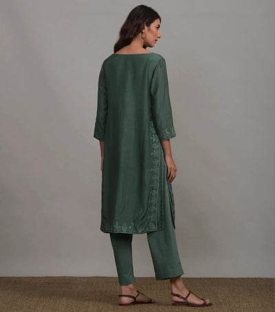 Forest Green Embroidered Cotton Silk Kurta & Pant Set