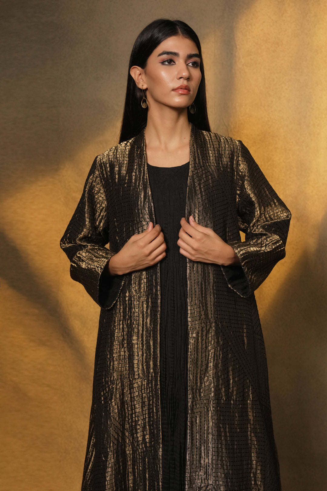 Black Embroidered Tissue Jacket with Silk Crinkle Slip