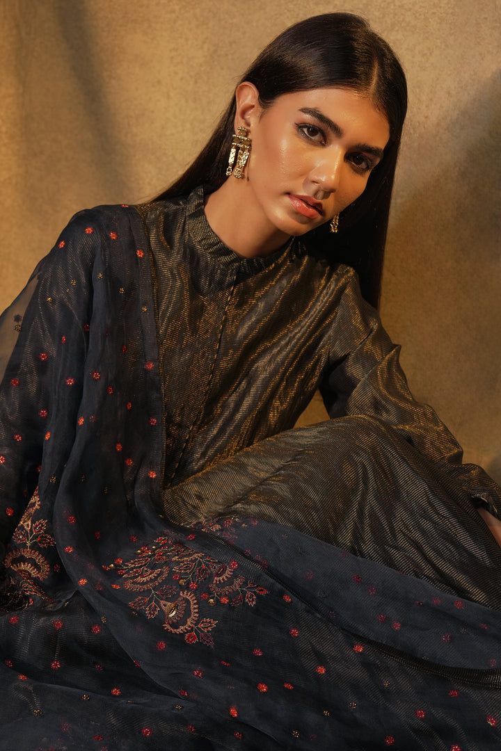 Navy Hand Embroidered Tissue Lehenga with Blouse & Organza Dupatta