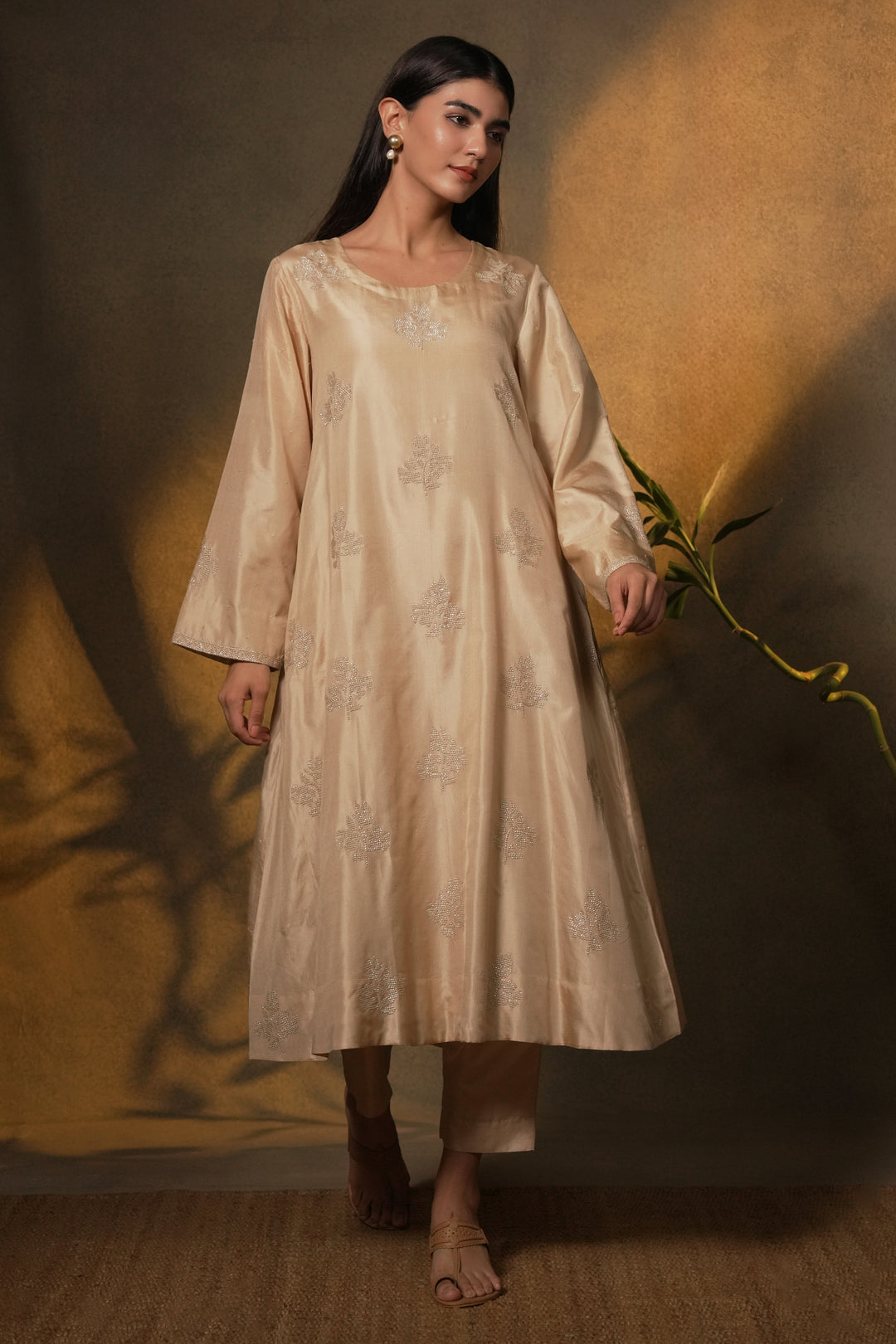 Beige Hand Embroidered Silk Kurta with Pants and Organza Dupatta