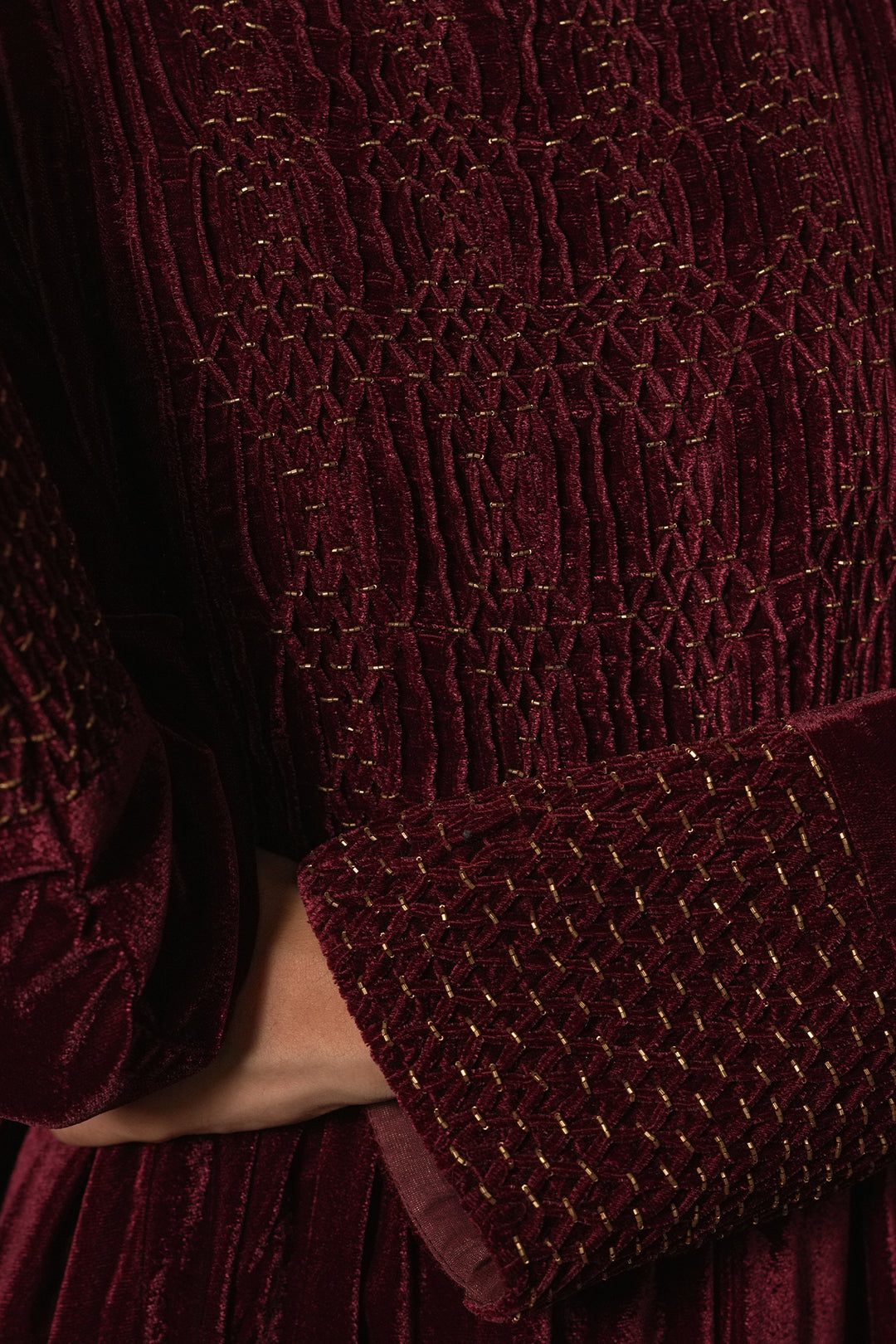 Wine Hand Embroidered Velvet Dress