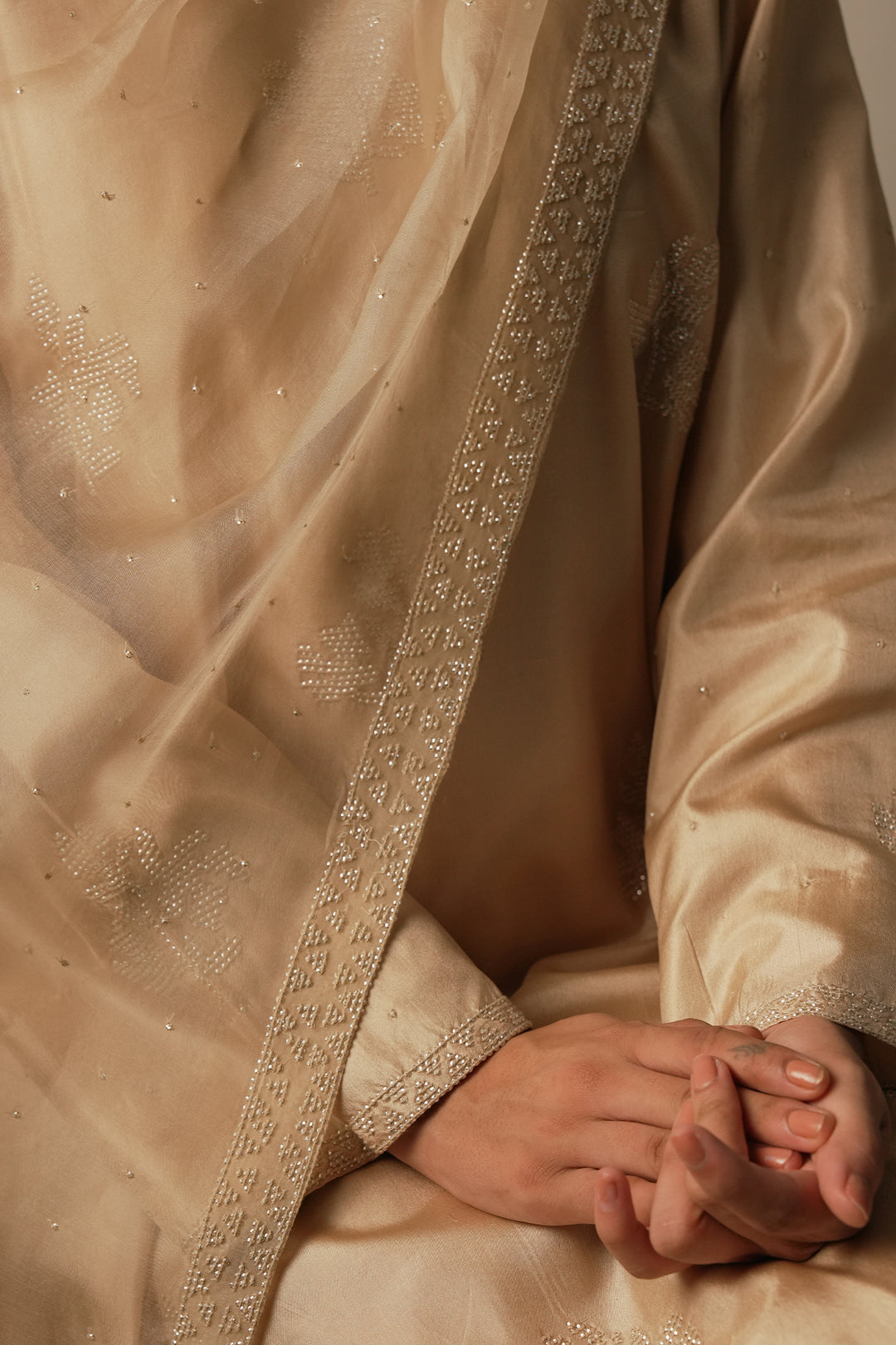 Beige Hand Embroidered Silk Kurta with Pants and Organza Dupatta