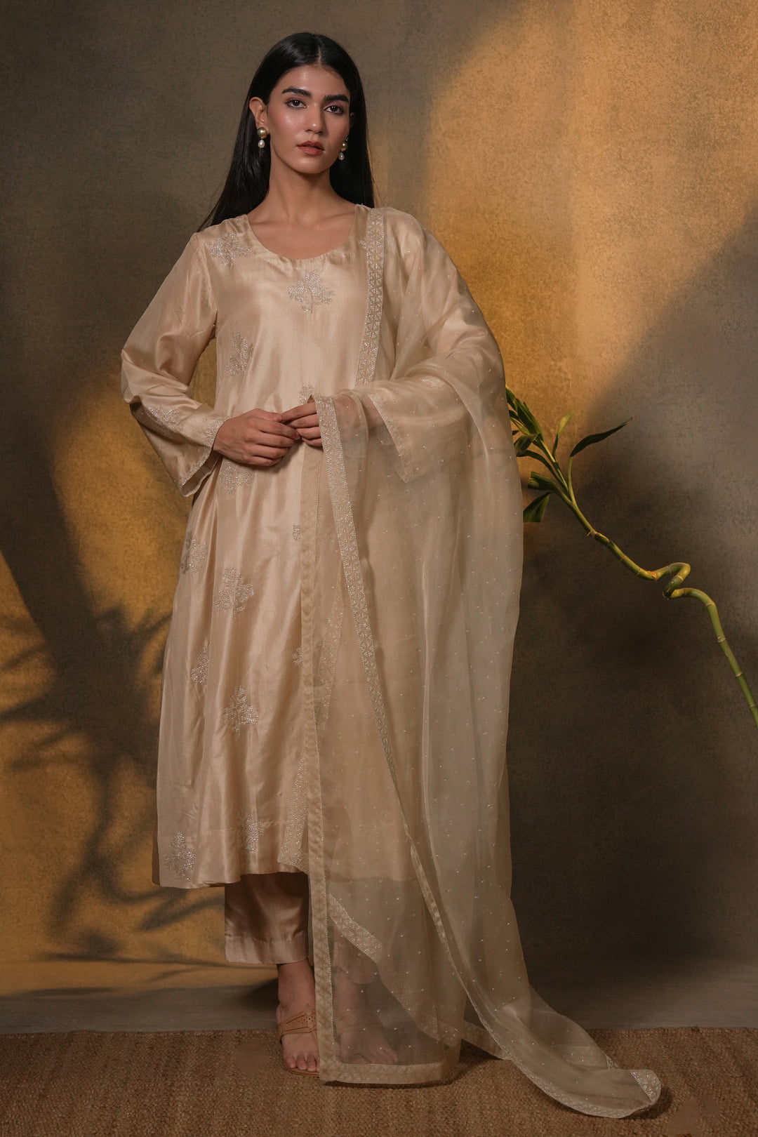 Beige Hand Embroidered Silk Kurta with Pants and Organza Dupatta