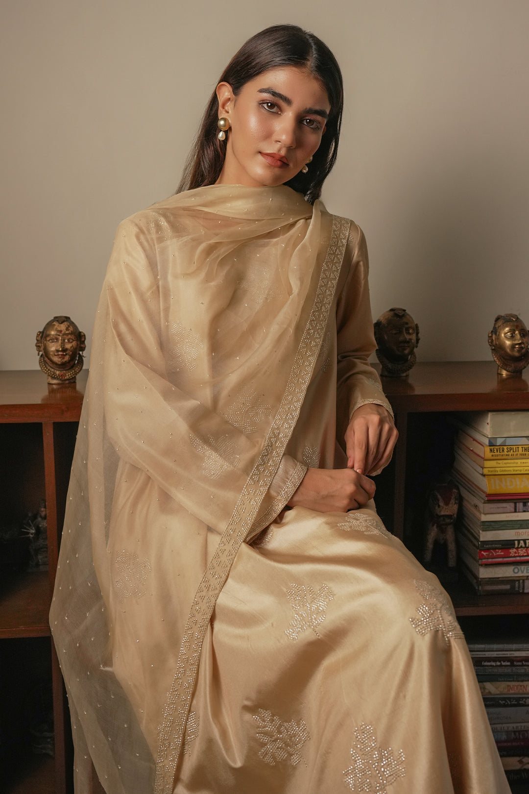 Beige Hand Embroidered Silk Kurta with Pants and Organza Dupatta