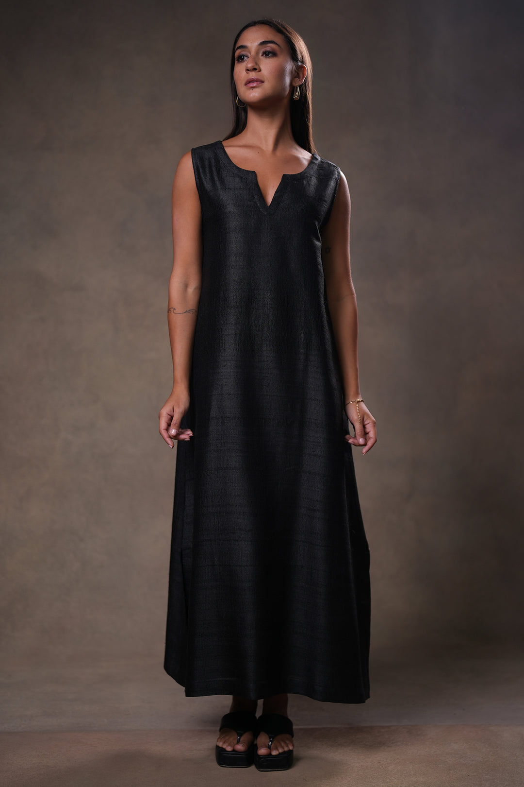Layered Black Tussar Silk Dress with Oversized Tunic