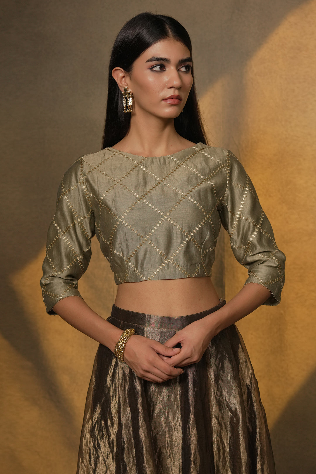 Veg Embroidered Chanderi Blouse with Tisssue Lehenga and Dupatta