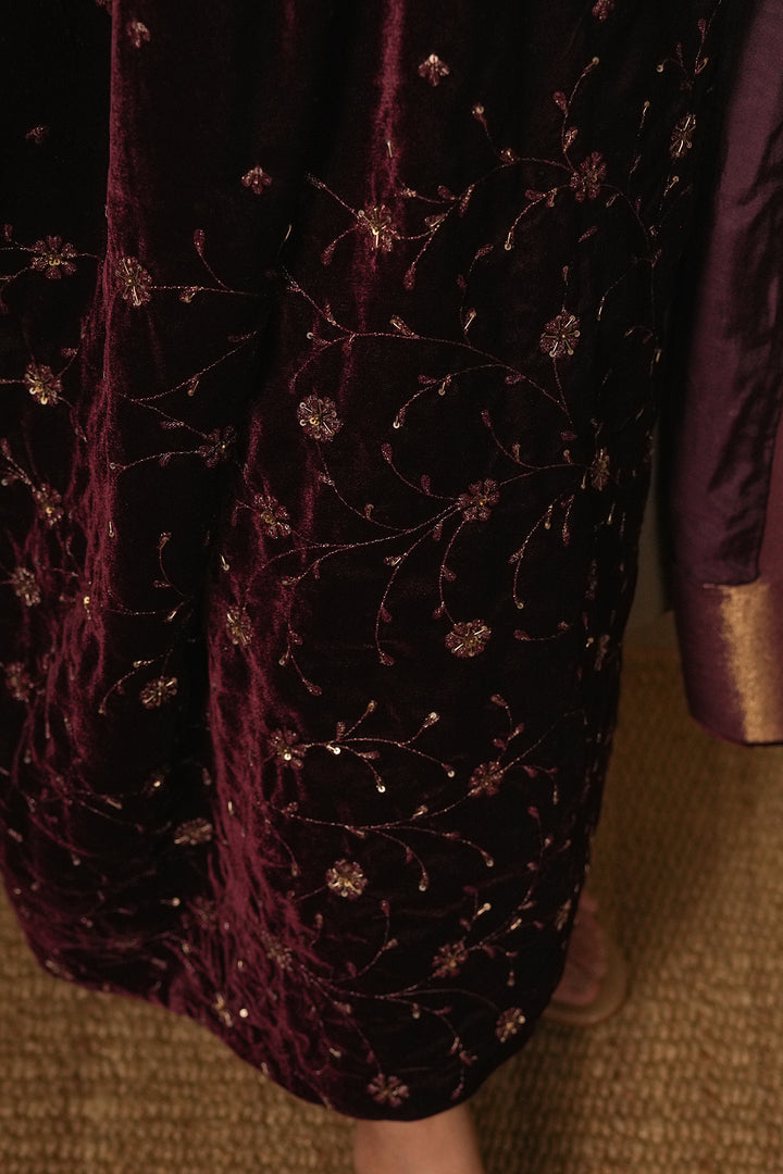 Plum Hand Embroidered Velvet Dupatta
