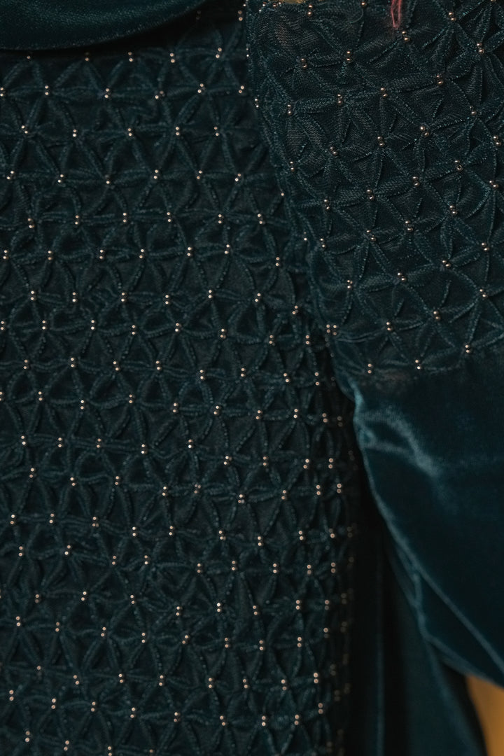 Teal Hand Embroidered Velvet Dress
