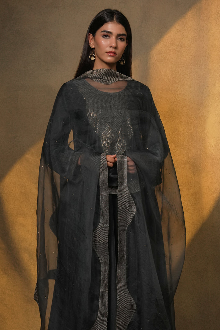 Petrol Blue Velvet Kurta with Pants and Organza Dupatta