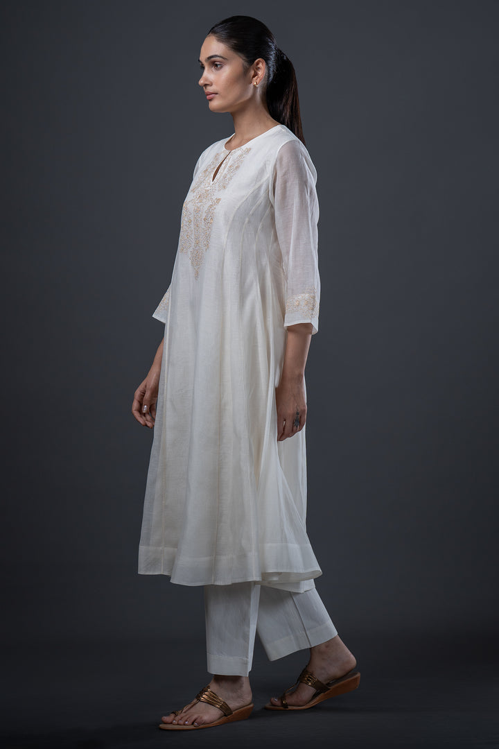 Natural Embroidered Chanderi Kurta