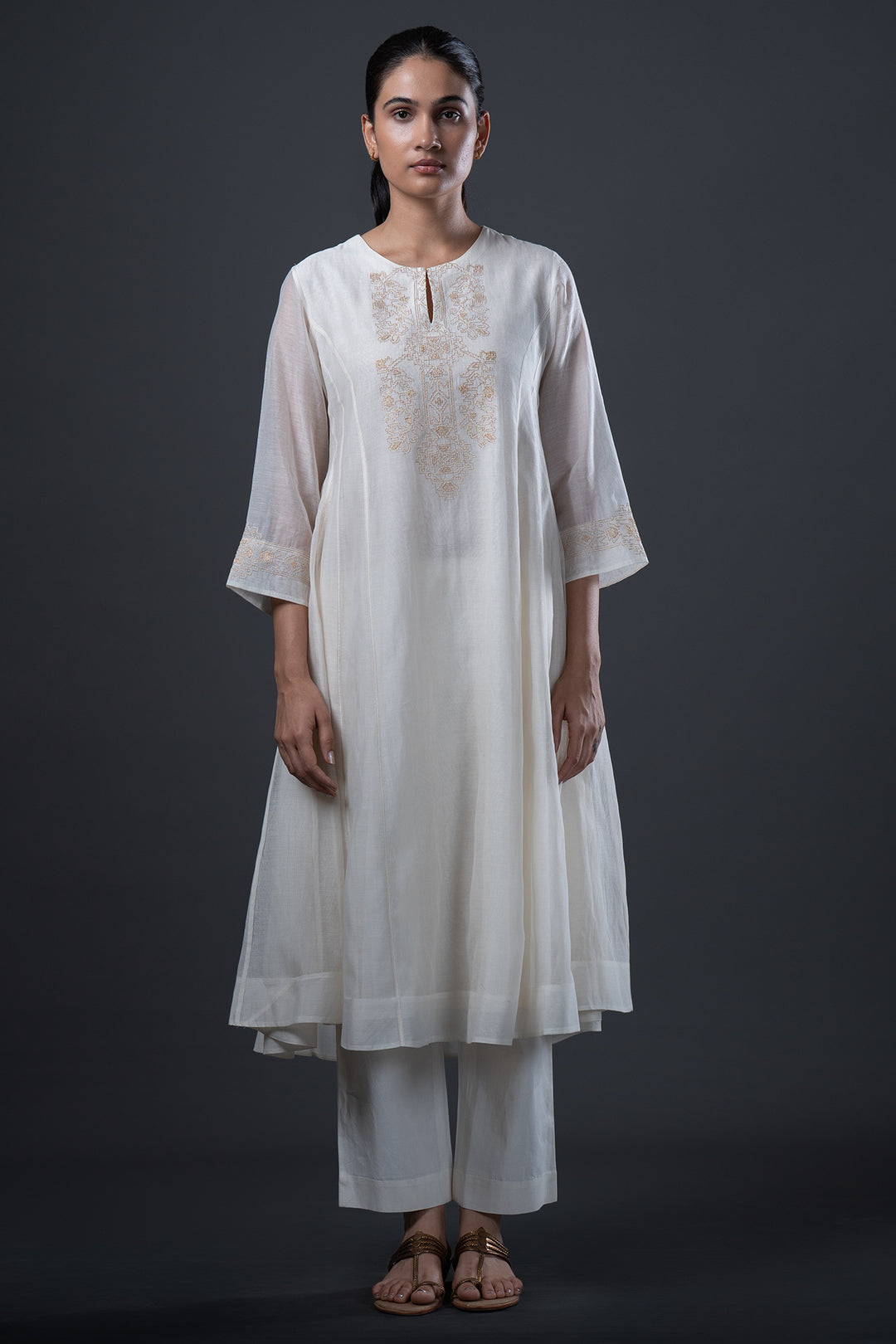 Natural Embroidered Chanderi Kurta