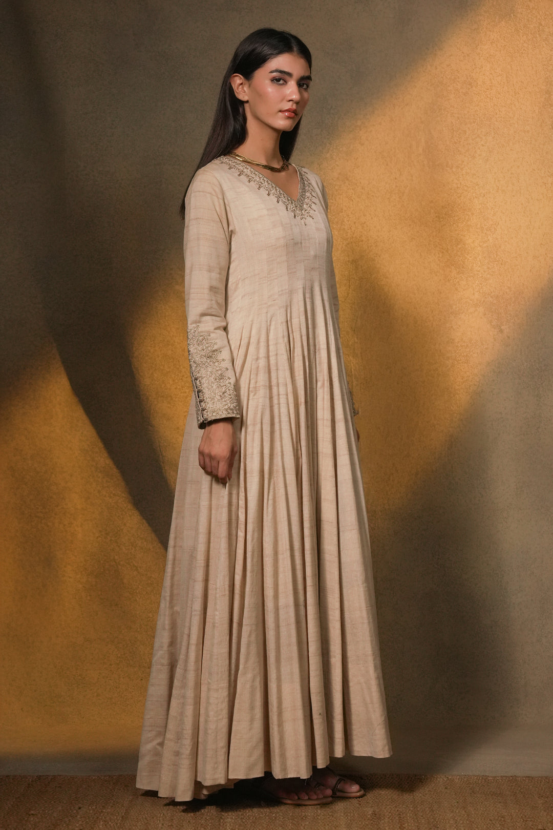 Beige Hand Embroidered Tussar Silk Gown