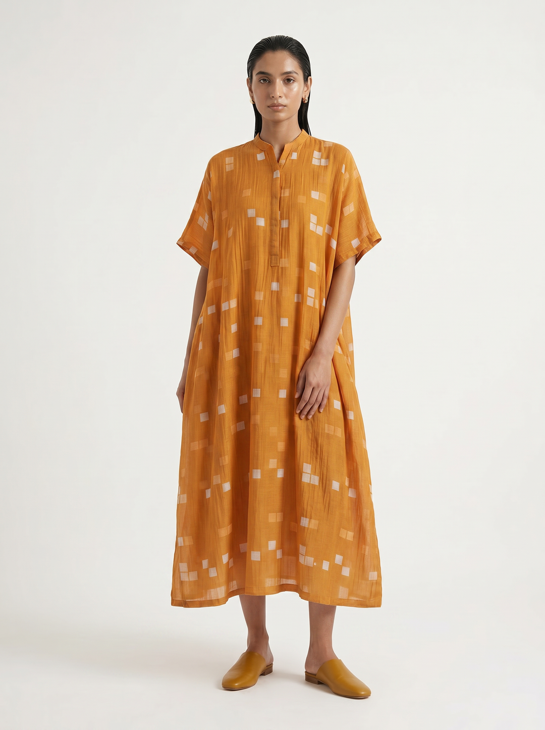 Mustard Printed Chanderi Kaftan With Slip