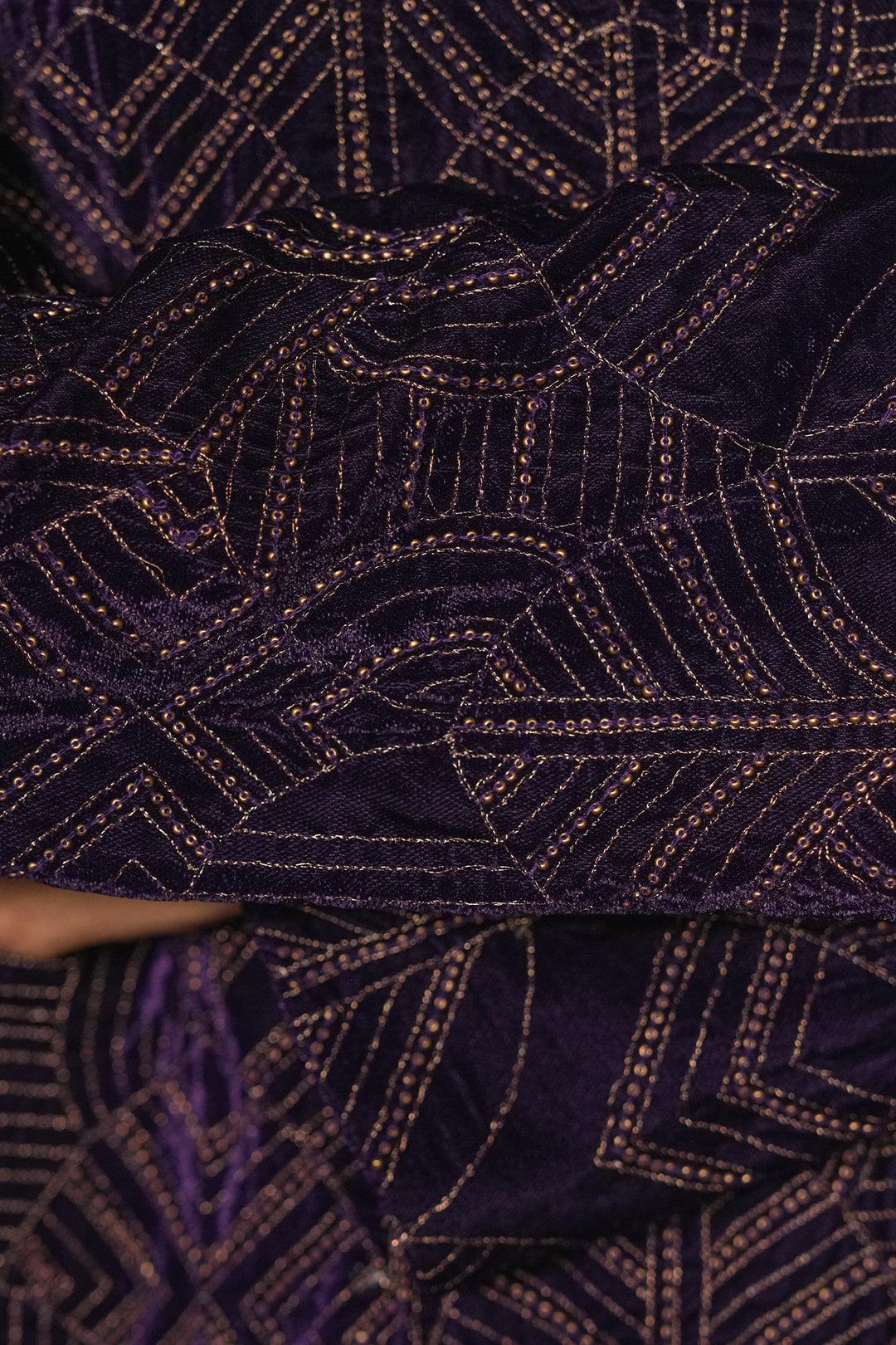 Purple Hand Embroidered Velvet Kurta with Pants and Organza Dupatta