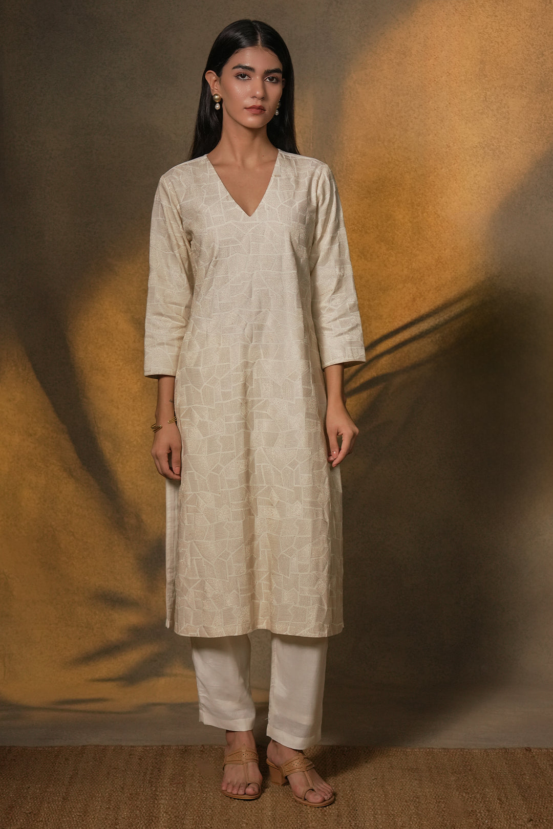 Natural Embroidered Cotton Silk Kurta with Dupatta and Pants
