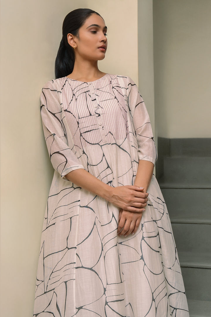 Off White Cotton Dress with Black Abstract Print