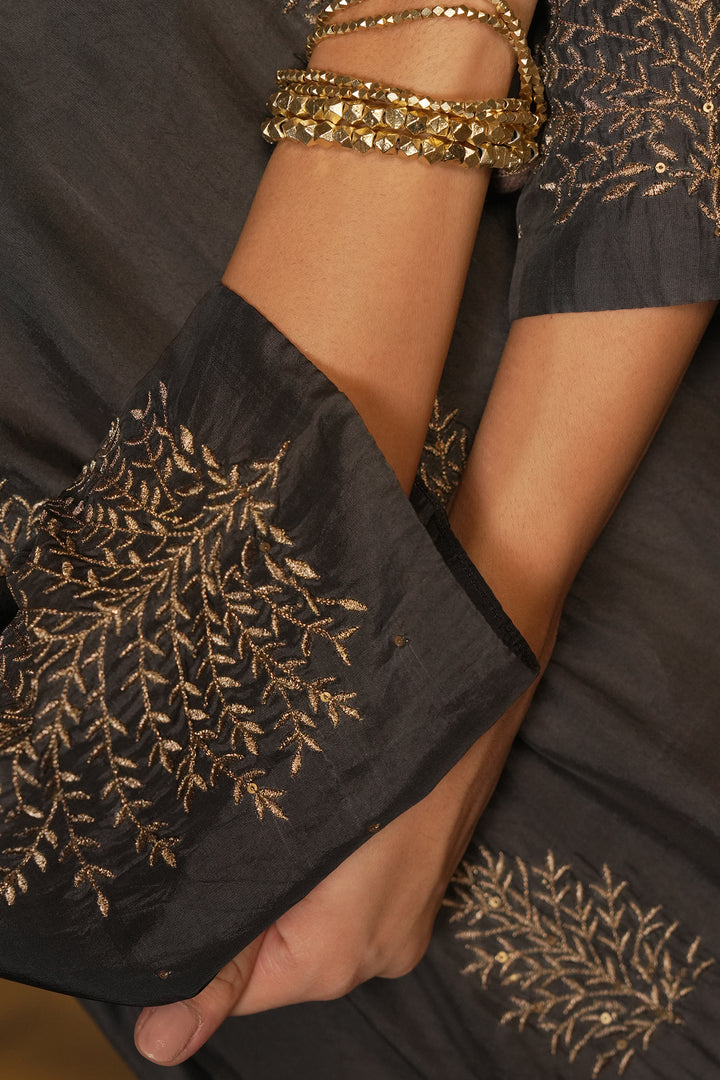 Charcoal Hand Embroidered Cotton Silk Kurta with Pants and Dupatta