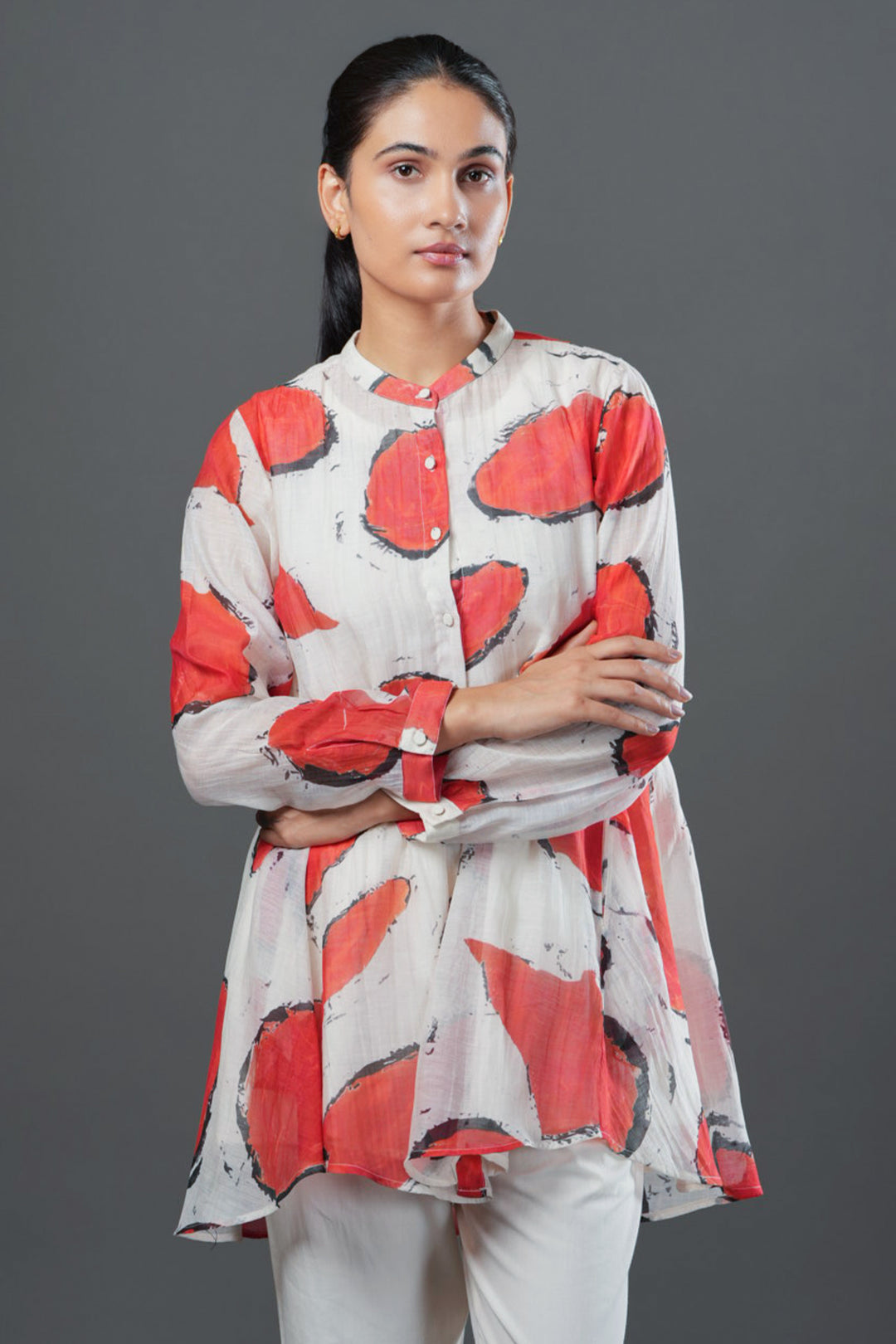Off-White and Red Abstract Printed Chanderi Oversized Shirt