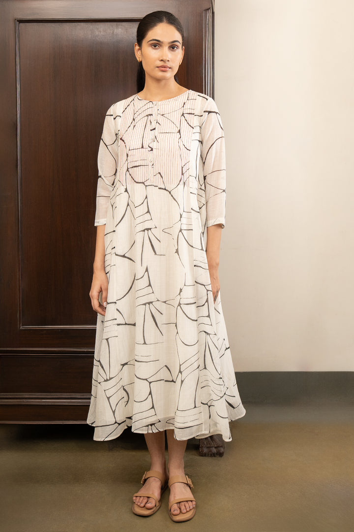 Off White Cotton Dress with Black Abstract Print