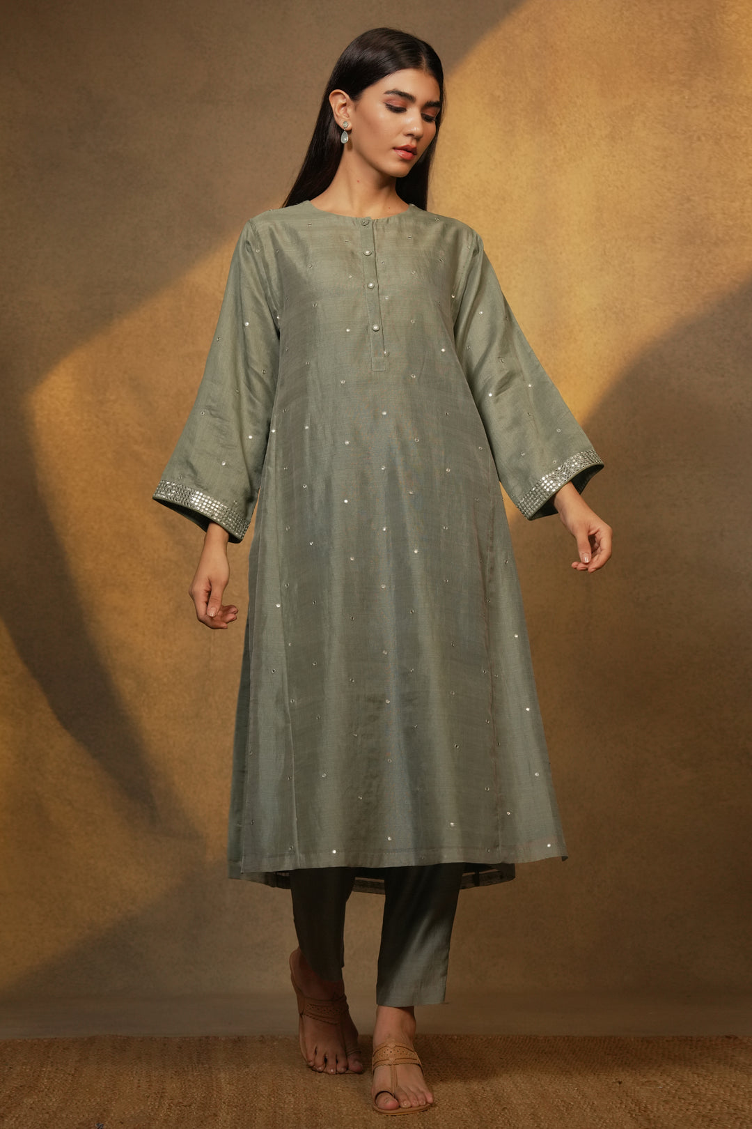 Moss Green Chanderi Kurta with Pants and Dupatta