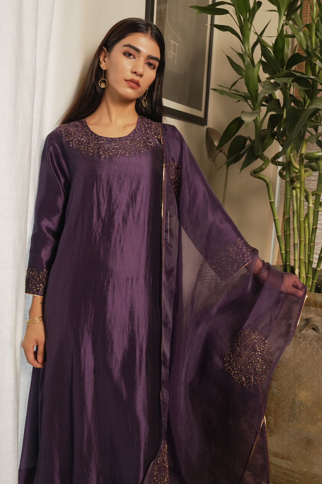 Purple Embroidered Silk Kurta with Pants and Organza Dupatta