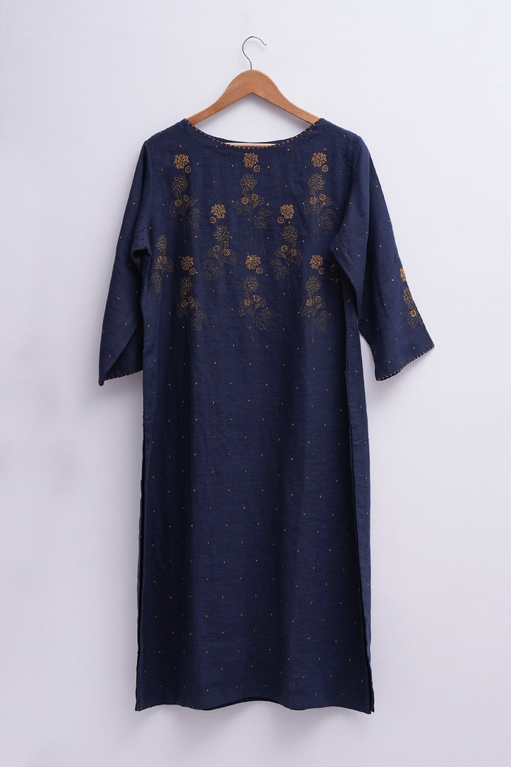 Navy Cotton Linen Embroidered Kurta