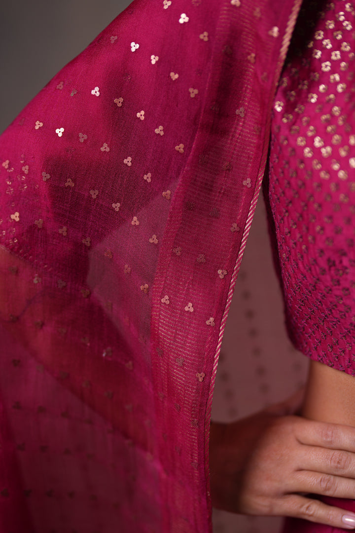 Magenta Hand Embroidered Chanderi Lehenga Set with Blouse & Dupatta
