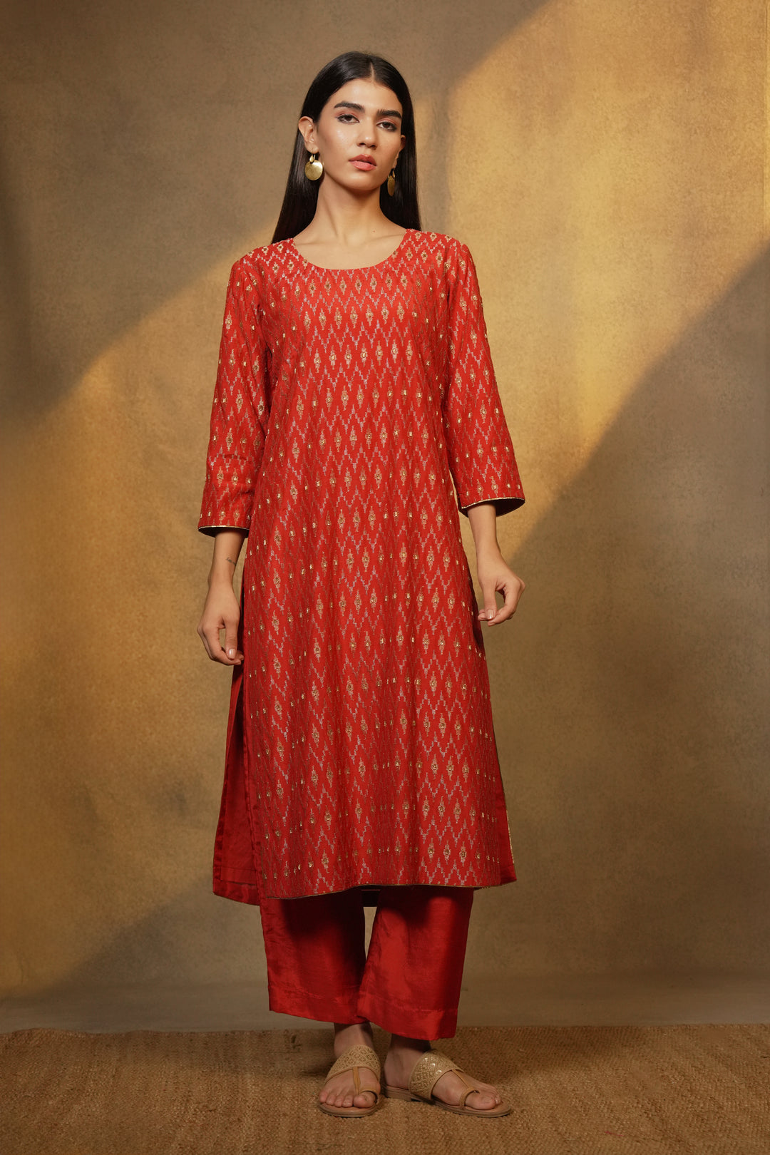 Orange Hand Embroidered Cotton Silk Kurta with Pants and Dupatta