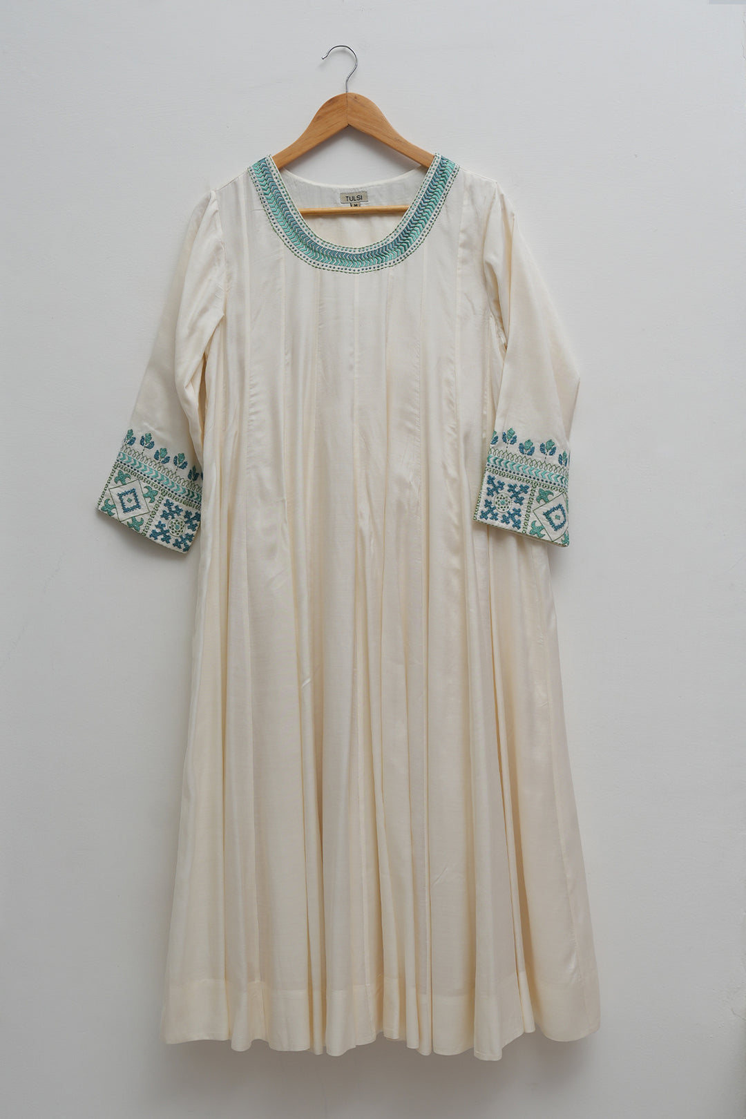 Off White & Teal Embroidered Cotton Silk Kurta Set