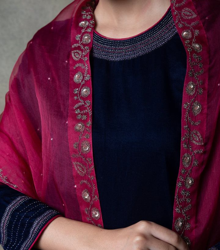 Navy Blue Embroidered Velvet Kurta Set