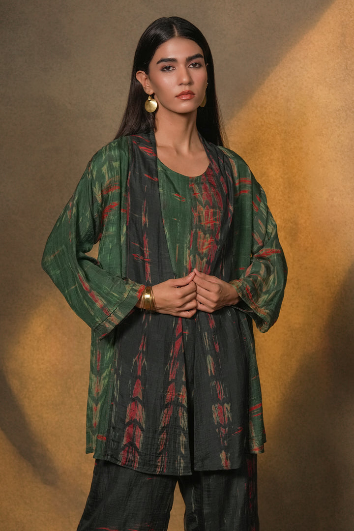 Emerald Hand Dyed Shibori Silk Jacket with Slip and Pants
