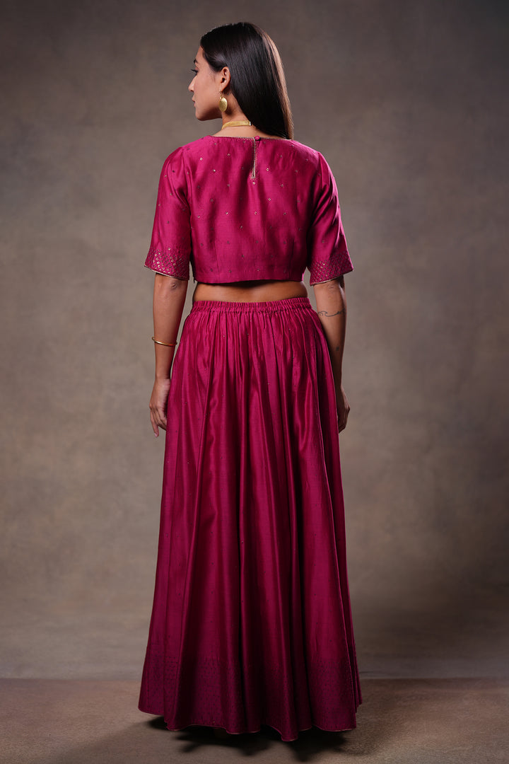 Magenta Hand Embroidered Chanderi Lehenga Set with Blouse & Dupatta