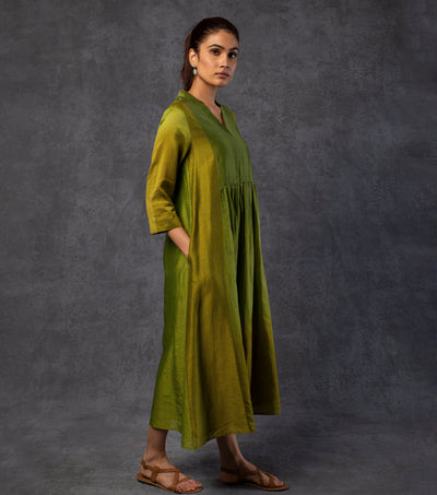 Green & Light Brown Shaded Panelled Chanderi Dress