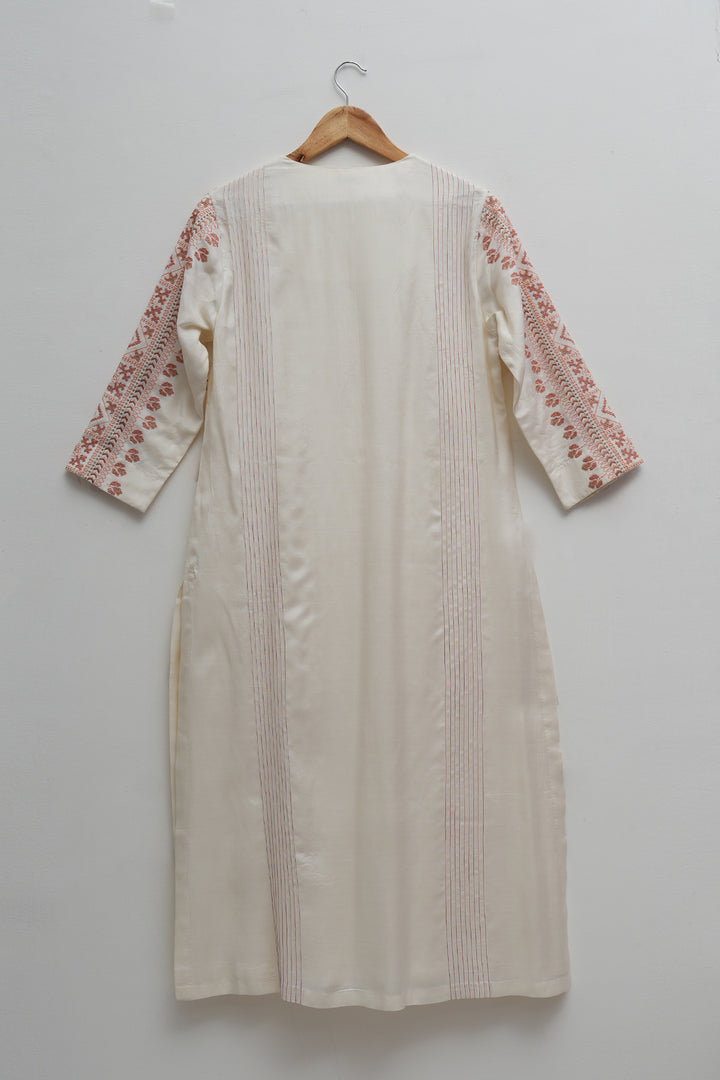 Off White & Peach Embroidered Cotton Silk Kurta Set