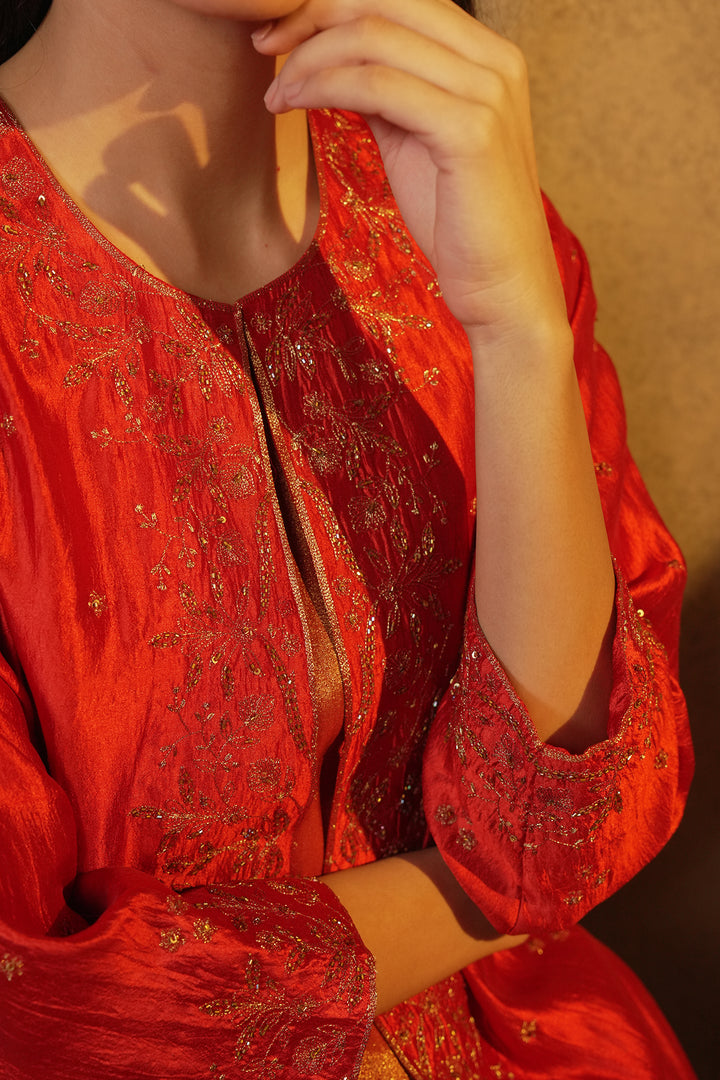 Orange Hand Embroidered Silk Cape with Slip