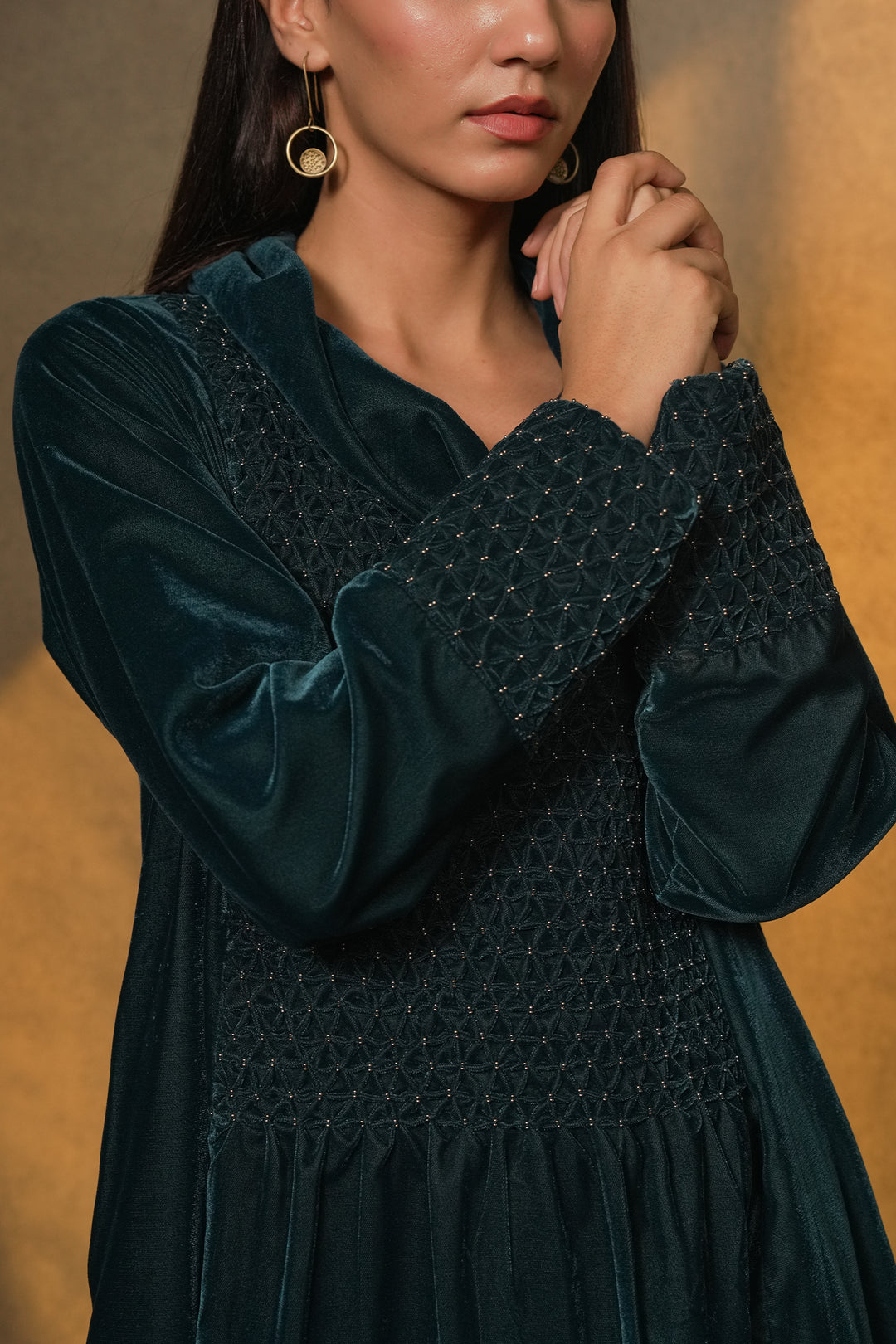 Teal Hand Embroidered Velvet Dress