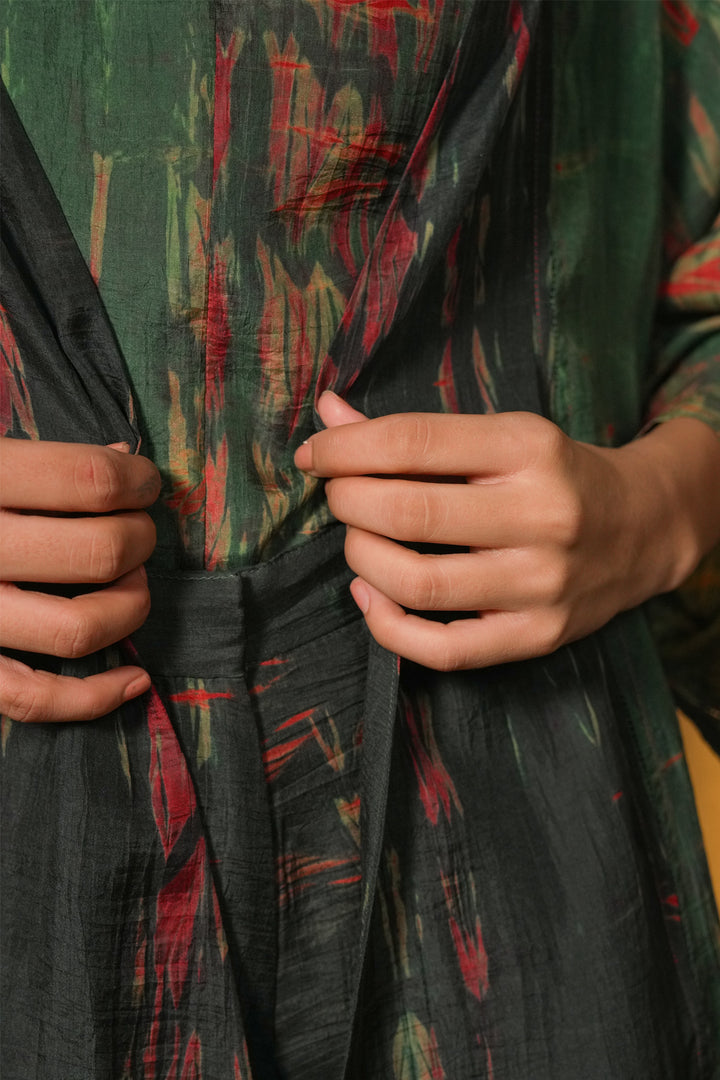 Emerald Hand Dyed Shibori Silk Jacket with Slip and Pants