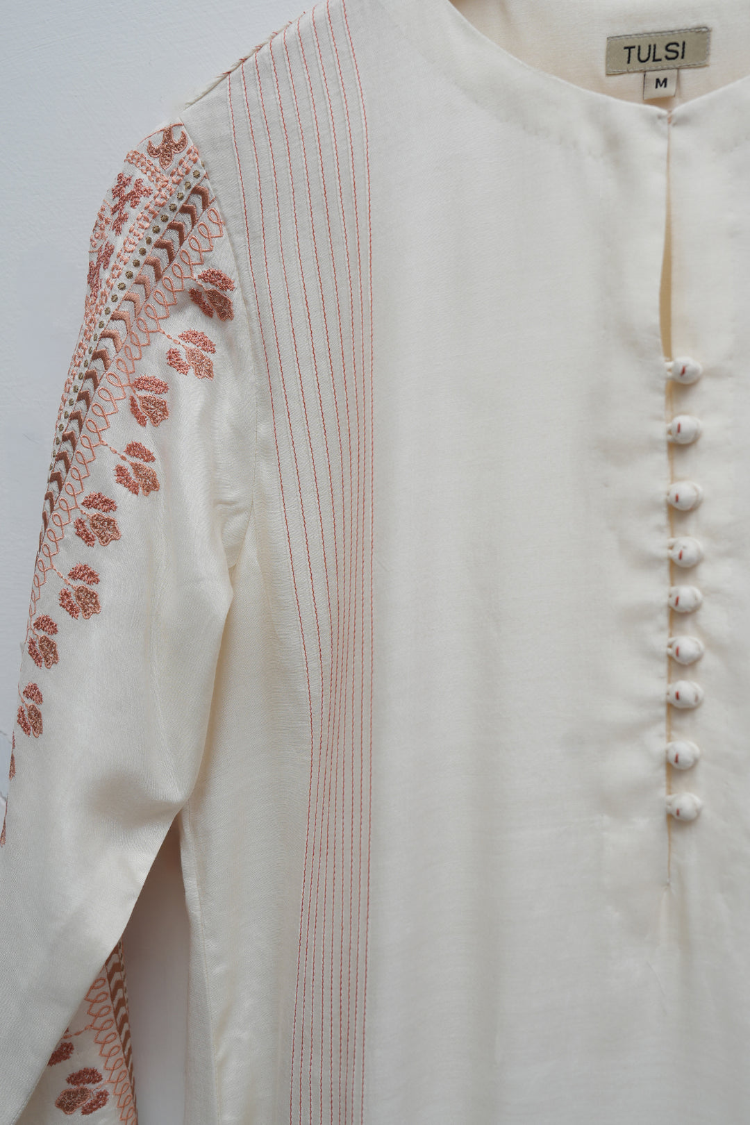 Off White & Peach Embroidered Cotton Silk Kurta Set