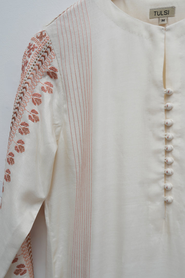 Off White & Peach Embroidered Cotton Silk Kurta Set